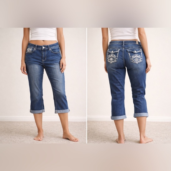 Rhythm In Blues Denim - Rhythm In Blues Classic Blue Capri Jeans with Embroidery on the Pockets- size 10